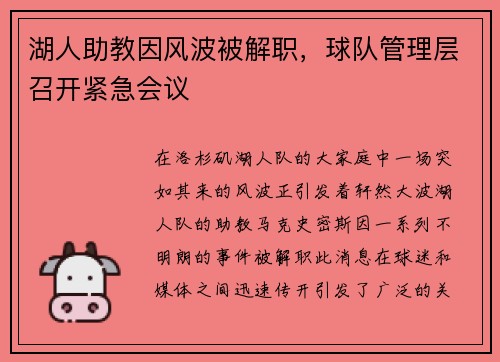 湖人助教因风波被解职，球队管理层召开紧急会议